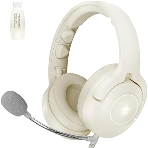 YOTMS Wireless PS5 Headset, 2.4GHz Wireless Gaming Headset for PC PS4 Switch Laptop, Over Ear Headphones with Noise Cancelling Detachable Mic, LED Light, 3.5mm Wired Mode (White) Cover