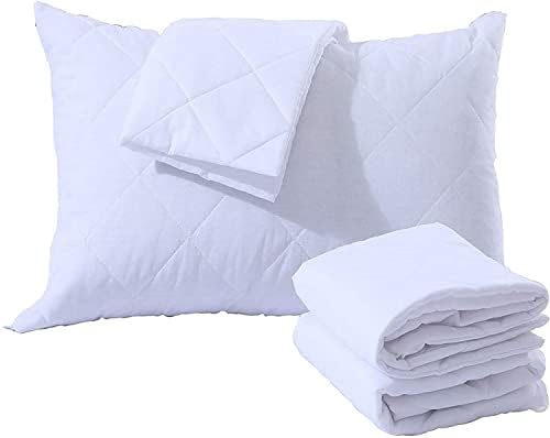 4 Pack Zippered Quilted Pillow Protector Hypoallergenic Cover Polycotton Breathable Soft Enclosure White 48x74Cm