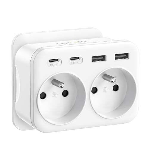LENCENT Prise USB Secteur Chargeur, Multiprise Murale 6 en 1 avec 2 Sorties AC,2 Type C et 2 USB Multiprise duex Prise Françaises pour Chambre Cuisine Bureau