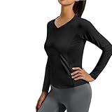 ZERAOKE Women’S Solid V-Neck Slim Fit Athletic Yoga Top,Long Sleeve Running Workout Shirt,Light Casual Base Layer Shirt-Black-XL