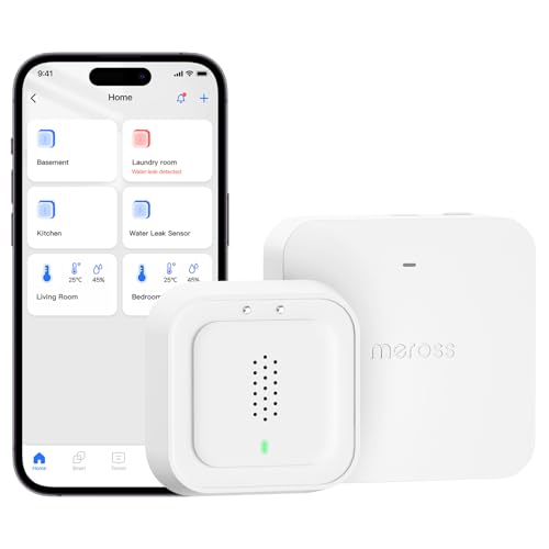 Meross Détecteur de Fuite d'eau Connecté avec HUB MSH400 | Capteur de Fuite d'eau Wi-FI IP66 et 100 DB | Compatible avec Apple Home et Alexa et Google Home |...