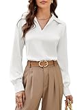 Satin Silk Tops for Women Business Casual Shirts Long Sleeve Office Blouses Slim Fit White XL