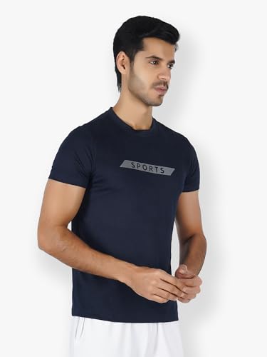 Image of Men Stretchable Polyester Round Neck Gym Sports and Yoga Wear T-Shirt Navy Blue (Pack of 1)