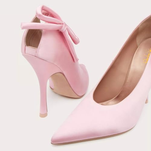 XYD Women Closed Pointed Toe Satin Pumps Elastic Slip-on High Heel Stilettos Side Bowknot Evening Elegant Shoes3