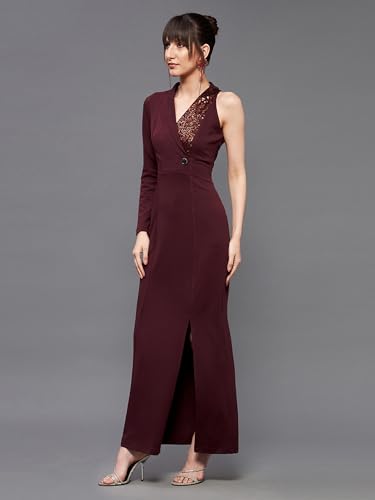 Image of Miss Chase Women's Round Neck Sleeve Embellished Fit Flare Maxi Dress
