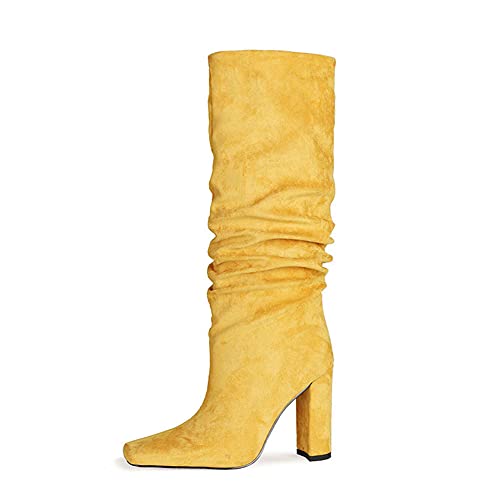 Ciuyurra Mode Femmes Bottes au Genou Hauts Talons Bloc Pull on Bottes Hautes Wide Calf Soirée Fête Bottes Slouch Mariage Chaussures Patent Yellow size 45 Cover