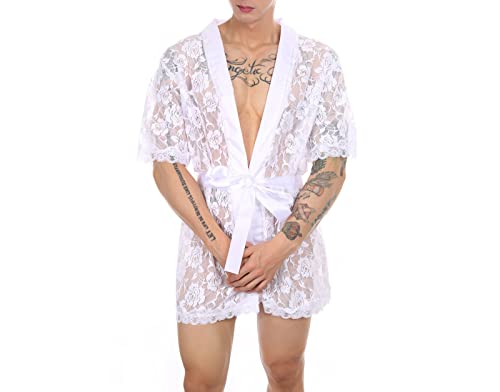 Hksichengkeji SHUI-QUN-99-SCNUS Men Sexy Lace Bathrobe Floral Mesh Lingerie Transparent Belted Sleepwear Ultra-Thin Pajamas Suit Nightgown Kimono Robe Unisex cover
