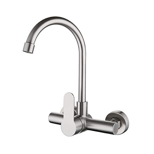 Grifo de cocina Grifo de agua fría y caliente montado en la pared de doble orificio de acero inoxidable 304 Balcón Lavandería Piscina Grifo de cocina frío y caliente giratorio Gran curva