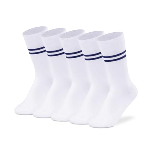 Image of Supersox Regular School Uniform Socks for Kids | White with Navy Stripe | Combed Cotton, Breathable, Moisture Absorbent & Anti Odour | Extra Durable Welt for All-Day Comfort | Pack of 5