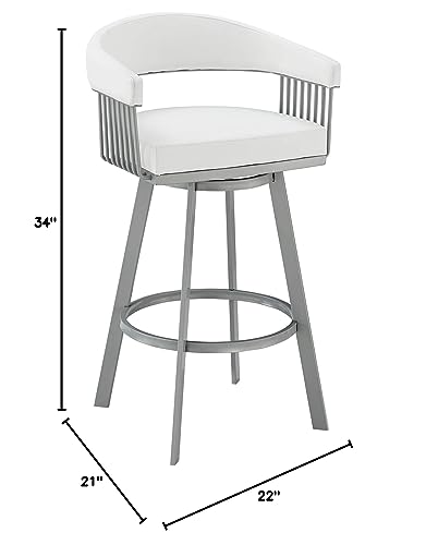 Butaco giratorio de altura para barra de 25 pulgadas Armen Living Chelsea en acabado plateado y tapizado en cuero sintético blanco miniatura 3