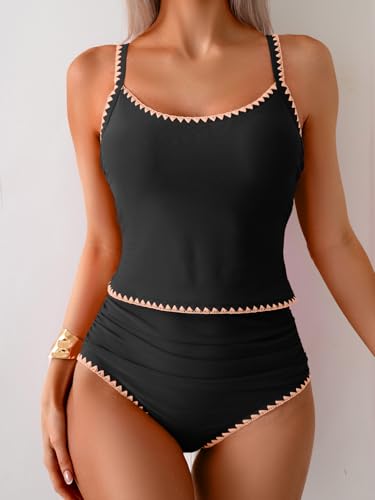 Image of Eomenie Tankini Swimsuit for Women Tummy Control Ruched Two Piece Bathing Suits High Waisted Shell Stitch Swimwear