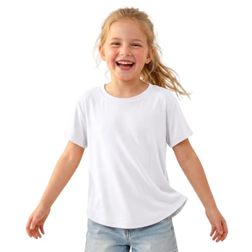 Image of WELAKEN Girls Soft T-Shirt with Curved Hem, Breathable Stretchy Rayon Crewneck Short Sleeve Tees, Kids Everyday Basic Top