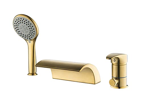 Roman Tub Faucet Brushed Gold Three Holes with Waterfall Tub Spout Filler with Hand Shower High Flow