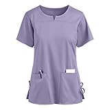 LuckyLucy Damen Pfleger Schlupfkasack Große Größen Kurzarm Kasack Rundhals / V-Ausschnitt T-Shirt Bluse Uniform mit Taschen Hospital Pflegeheim Schlupfhemd Berufskleidung, A-violett, XXL