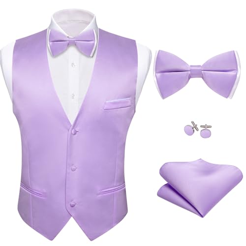 Barry.Wang Mens Light Purple Formal Suit Vest V-neck Slim Fit Casual Waistcoat Bowtie Set for Party