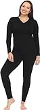 Thermajane Long Johns V Neck Thermal Underwear for Women Fleece Lined Base Layer Pajama Set Cold Weather (Black, Medium)