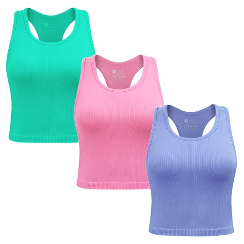 3 Packs Ribbed Racerback Tanks with Built in Bra for Women -Women’s Seamless Crop Tops Camisole Sport Bra
