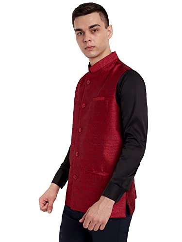 Image of SKAVIJ Mens Embellished Ethnic Wear Nehru Jacket Floral Printed Formal Waistcoat Regular Fit (Medium,Red)