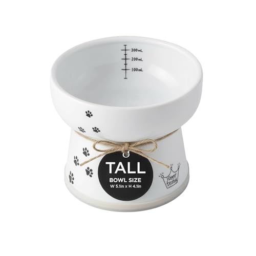 NECOICHI Raised Cat Water Bowl, Elevated, with Measurement Lines, Dishwasher and Microwave Safe (Cat, Extra Tall) White