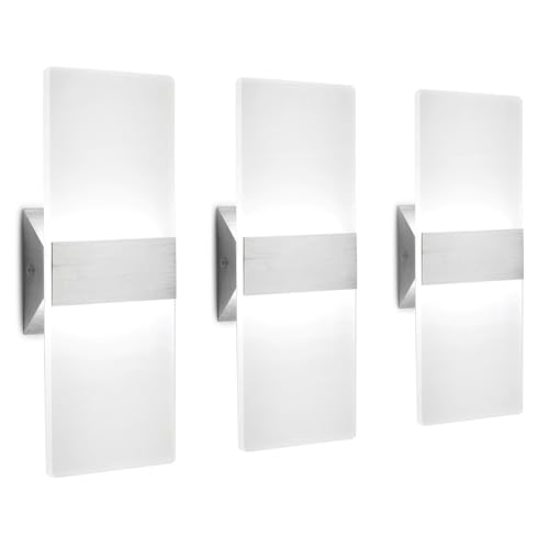 LED Wall Sconce Modern Wall Light Lamps 12W Cool White 6000K Up and Down Indoor Acrylic Lighting Fixture for Living Room Bedroom Hallway Conservatory Home Room Decor Not Dimmable No Plug(3 Pack)