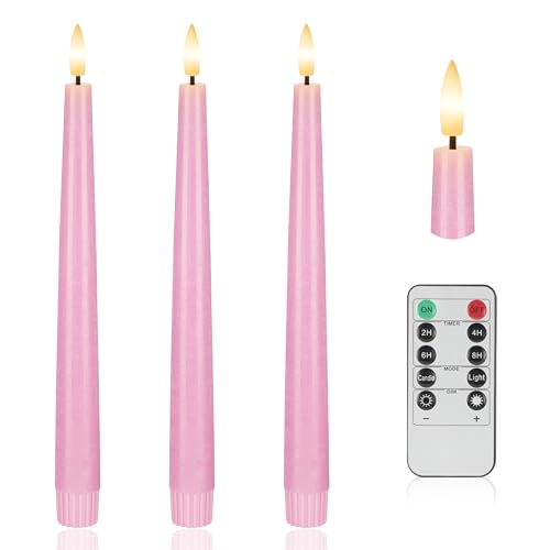 Image of Pink Flameless Taper Candles, 9.6 inch Battery Operated Candles with Remote, Real Wax Led Candle, Flickering Flameless Candlesticks for Home Party Wedding Romantic Night Decor
