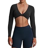 Aoxjox Long Sleeve Crop Tops for Women Sienna Twist Deep V Workout Cropped T Shirt Top (Black, Small)