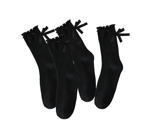 Image of Womens Bow Socks Ruffle Casual Crew Black Whitte Soft Breathable Cotton 4 Pairs Socks