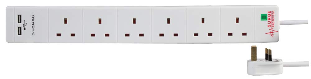 Pro Elec PEL00114 6 Way 2 USB Surge Protected Extension Lead, 3m Length, White