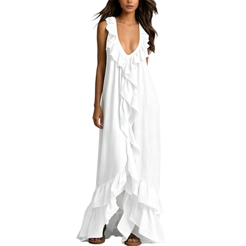Vestido de noche largo para mujer, estilo bohemio, vestido de playa, sin mangas, con cuello en V, elegante, monocolor, vestido de cóctel con volantes, vestido de invitado de boda, ligero, swing de