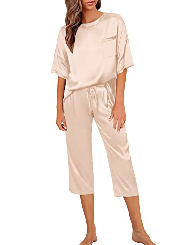 Swomog Womens 2 Piece Satin Pajamas Silk Short Sleeve Pjs Sets Capri Bottom Pajama Pants Soft Outfits With Pockets Champagne #TOP21