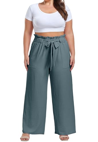 Image of OLRIK Women's Plus Size Pants Adjustable High Waisted Wide Leg Palazzo Pants Casual Trousers with Pockets Spring Clothes