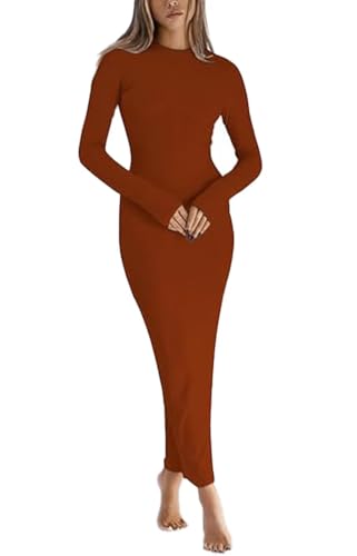 LACOZY Women's Ribbed Basic Casual Midi Dress Long Sleeve Bodycon Ruched Club Dresses Brown L