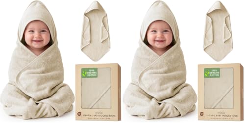 Image of Oeko TEX 100% Organic Cotton Woven Hooded Baby Towels Absorbent 31x31 in (Pack of 2)