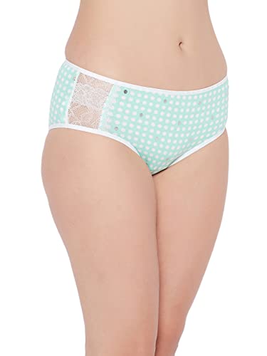 Image of Clovia Women's Cotton Mid Waist Polka Dot Hipster Panty with Lace Insert in Green