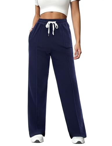 Crewhpo Pantalon Jogging Femme en Coton Pantalon de Sport Couleur Unie Bas Jogging Large avec Poches Pantalon Décontracté pour Running Fitness Training S-XXL