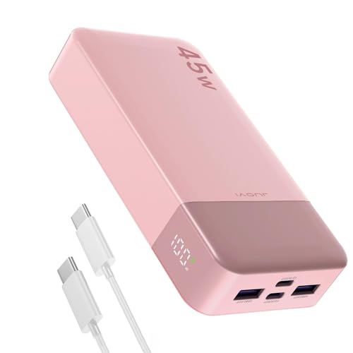 JUOVI J2621 Power Bank Portable Charger,20000mAh 45W PD3.0 QC 4.0 Fast Charging Battery Pack with LED Display,2 USB-C,2 USB-A for iPhone 15 16, MacBook (Pink)