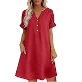 robe tee shirt femme Robe Tunique Femme Mi Longue Fluide en Lin Et Coton Été Robes Décontracté Bouton Grande Taille Dress de Blouse Col en V Haut Manches Longues Couleur Unie Légère Élégant Chemise