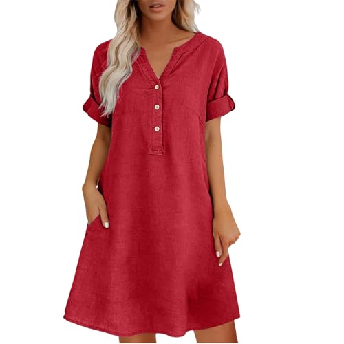 Générique Robe Grande Taille Robe Chemise Femme Ete Lin Coton Chic Elegant Tunique Manches Courtes Ample Casuel Couleur Unie avec Boutons Col V De Plage pour FêTe Vacances Casual Dress