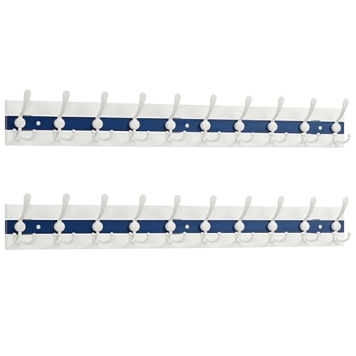 Image of SKOLOO Coastal Coat Rack Wall Mount-38-1 /8 Beach House Entryway Wooden Coat Hook with 10 Hooks for Hanging Coats, Hats or Towels, Oceanfront Cottage Core Collection, White & Blue, Pack of 2