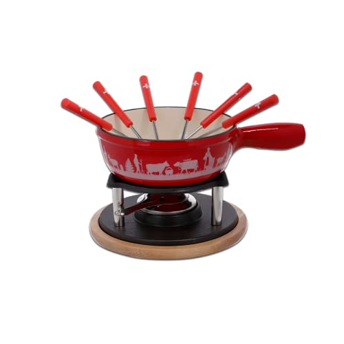 Rotel 1510150 Set à fondue au fromage, Caquelon de fondue en fonte et 6 fourchettes, Rouge, Fonte, 31,5x17,5x23cm Cover