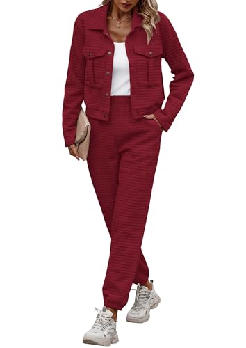 Image of PRETTYGARDEN Womens Two Piece Sets Fall 2026 Long Sleeve Button Down Shacket Jacket Long Sweatpants Tracksuit Winter Clothes