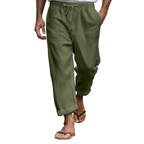 Mens Linen Pants Elastic Drawstring Waist Straight-Legs Loose Fit Casual Summer Yoga Beach Long Cotton Pants