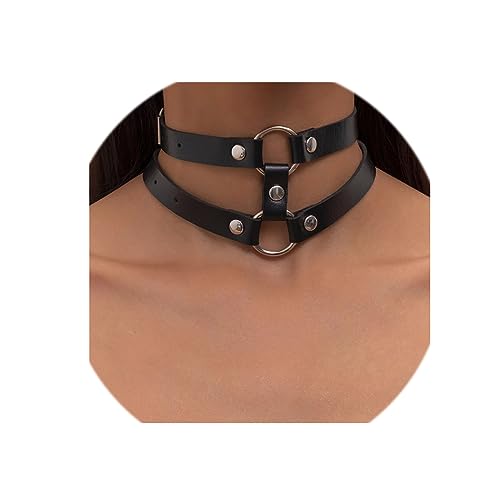 Black Leather Choker Punk Short Collar Gothic 2-tier Circle Rivet Necklace Soft PU Leather Short Neck Accessories for Women