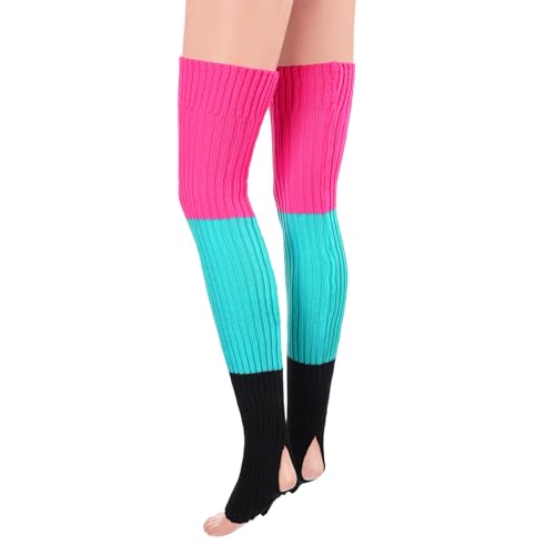 Littleforbig Thigh High Bright Color Blocked Novelty Knit Stacked Extra Long Over The Knee Knitted Stirrup Stockings - Red & Blue & Black4