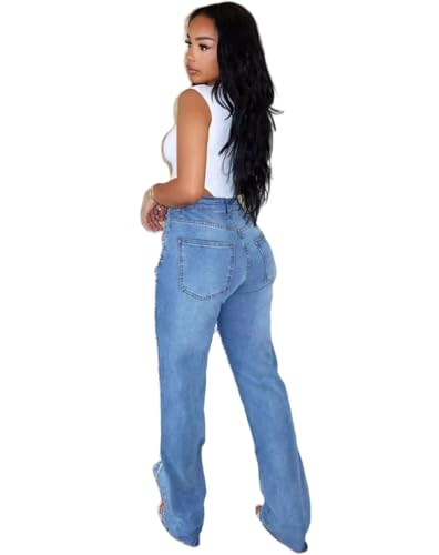 Women's Casual Jeans, Y2k Trendy Clothing, Stylish Personality, High Waist Straight Pants, Ripped Pearl Chain, Elastic Pants2
