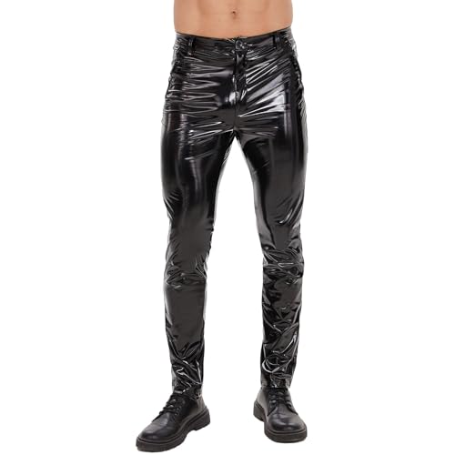 Mens Shiny Leather Pants, Sexy Zipper Open Crotch, Wetlook, Glossy Casual Trousers, Black4