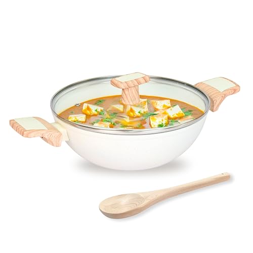 Image of Kreme Ceracook Ceramic Coated Granite Kadai 2.5L /24cm with Glass Lid, Deep Frying Kadhai, ISI Certified, Forged Aluminium, Gas & Induction Use, Non Toxic PFAS & PTFE Free, 1 Yr Warranty, Ivory
