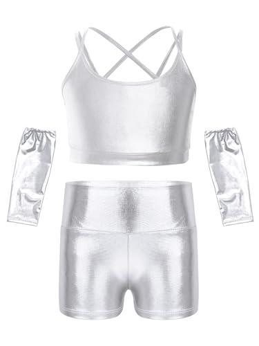 YiZYiF Girls Shiny Metallic Dancewear Set Sparkle Crop Top Shorts Gloves Set Jazz Dance Ballet Gymnastics Tracksuit