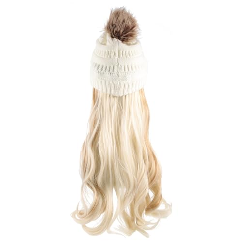 Lurrose Beanie with Hair Attached, Wavy Wig Hat Knit Winter Cap Extension Accessories for Women Ladies Removable Wig