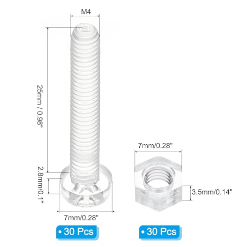 PATIKIL Kit de Tornillos de Acrílico Transparente M4x25mm y Tuercas Hexagonales, 30 Juegos de Tornillos de Cabeza Redonda Phillips de Plástico PC para Accesorios de Máquinas, Transparente - imagen 2